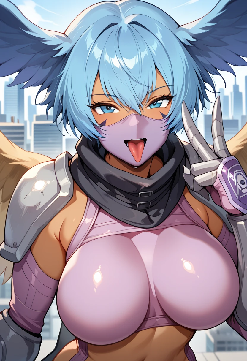 Very detailed、Highest quality、Best image quality、masterpiece、8K、(A kind smile)、(Blue Hair)、(SFW Giant:1.5) 、shutumon,blue hair,blue eyes,shy,scarf,big head wings,(mouth mask),facial mark,midriff,leash,pink paw footwear,(pink sweatshirt),(garter straps),big brown feathered wings,scarf,pink thighhighs,full body,hand of Guido Daniele