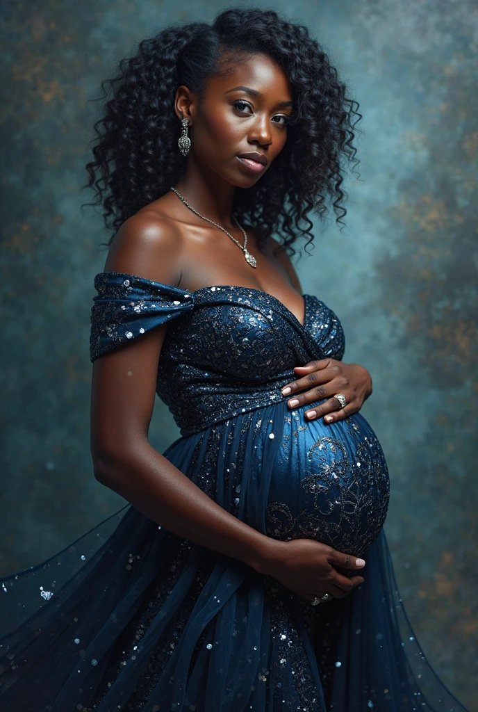 A pregnant African American woman wearing a skyblue fitted dress, full sleeves and accessories wearing a long bone straight wig
