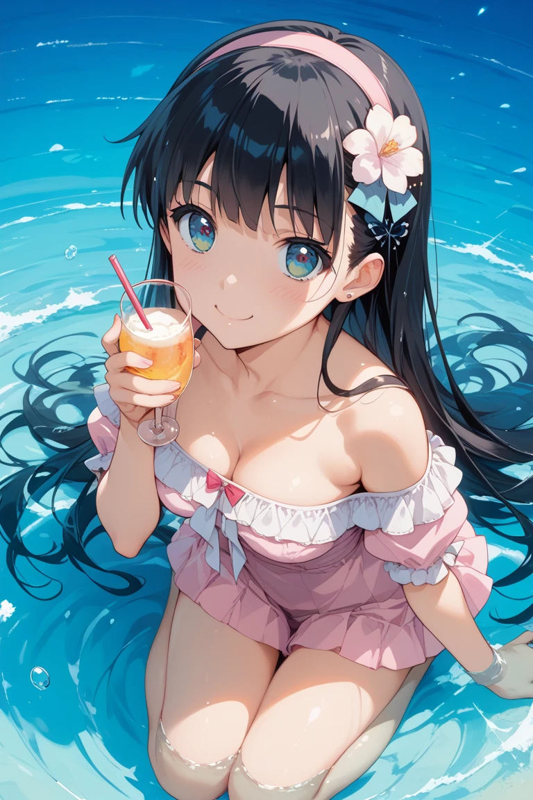 Girl, cute, adorable, from chest to head, smiling, straight hair, long hair, black hair, clear weather, standing, sweat, sunlight, looking at the camera, looking up at us, pool, daytime, wet, bikini, handing over a water bottle with her right hand towards us