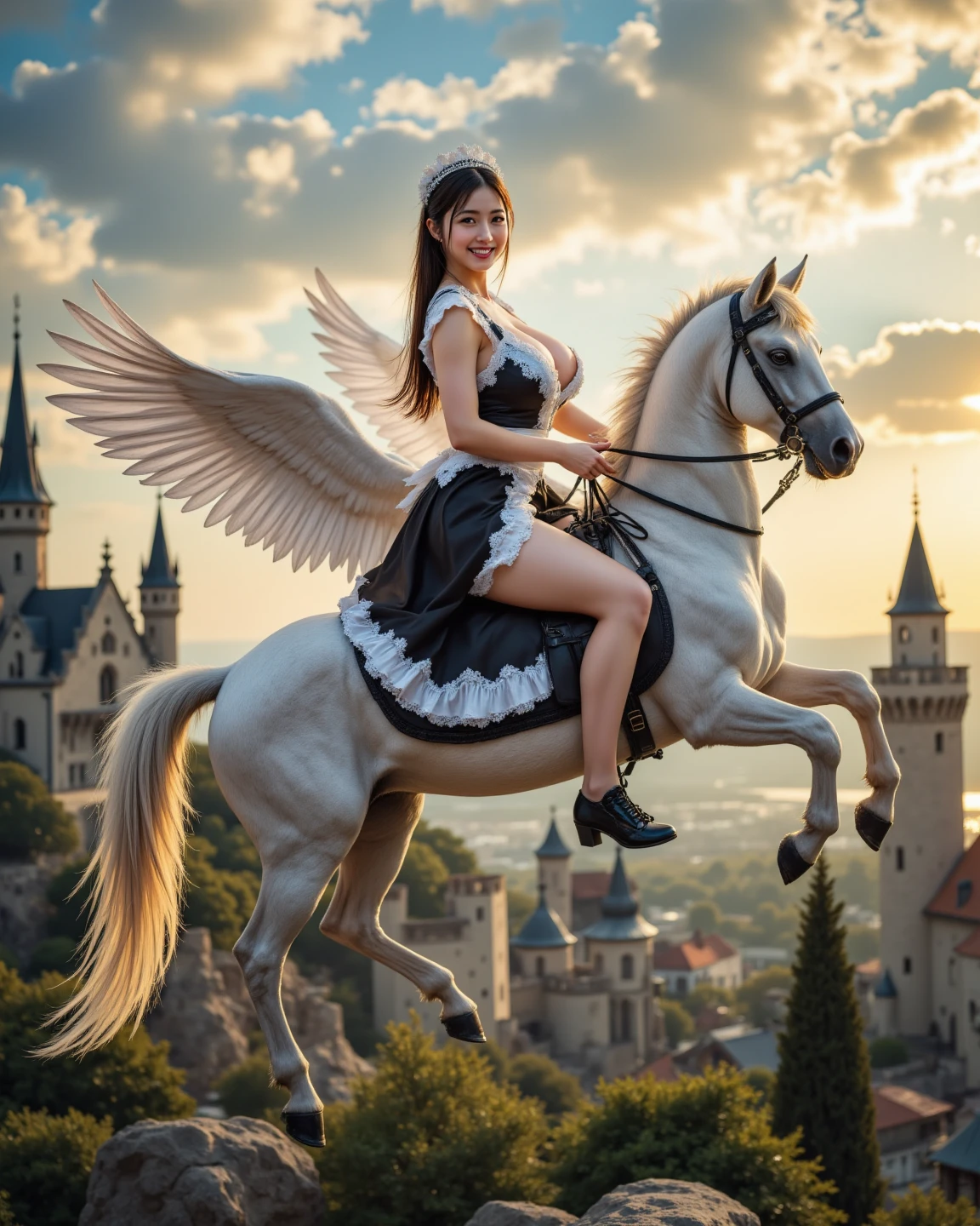 A very sexy girl riding a flying pegasus