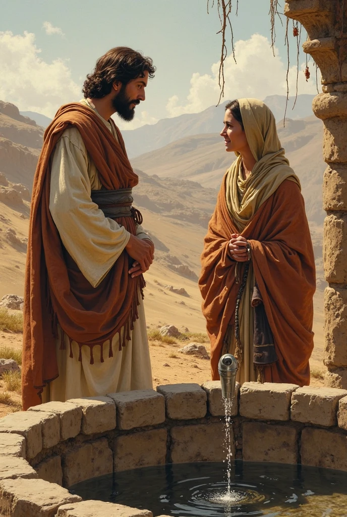 Jesus and the frightened Samaritan woman with a bucket meeting at an old well in the field
