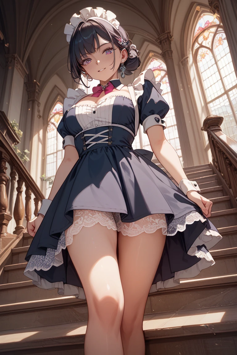 very cute and beautiful girl,(highly detailed beautiful face), (smile),blush,black hair,cowboy shot,looking at viewer,kneeling, (elegant blue plaid lolita dress with detailed frills),detailed lace,(skirt lift,white panties), altar,church,indoors, (best quality,masterpiece:1.0),absurdres,highres,ultra-detailed,extremely detailed,32k,8k resolution, intricate details,cinematic scene,detailed background,solo,dynamic angle,realistic,