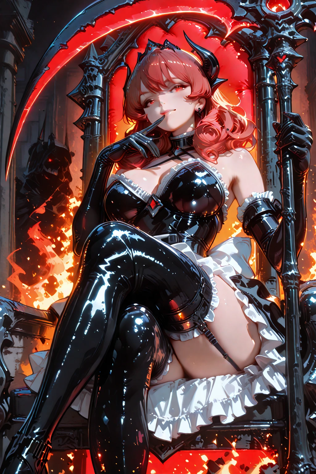 ((Erza scarlet from fairy tail anime series)) ((beautiful face)) (red lipstick) ((big bright eyes)) ((long redhead straight hairstyle with bangs)) ((very huge breast)) (perfect slim body) ((wears silver full chest plate, shoulder pads, gauntlets, long boots) ((choker, very tiny micro string black thong bottom)) ((posing sexy inside guild bar)) (high resolution dynamic lights and shadows) ((masterpiece)) (8k) (perfect face) (best quality) (perfect hands and eyes)