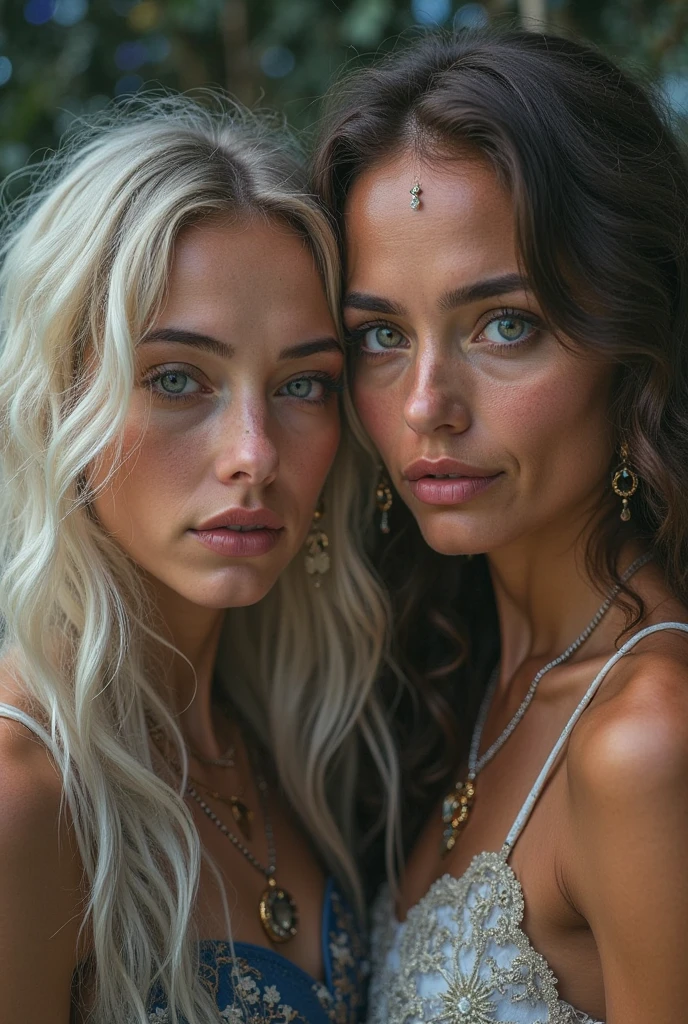 INSTAGRAM MODEL , with long wavy black hair, With her friend, short light blue hair, full body view, sweet outfit, big boobs,  outside, sitting 