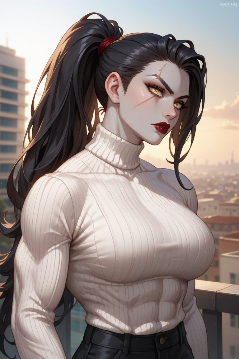 muscular girl breasts thick black hair yellow eyes pale sad