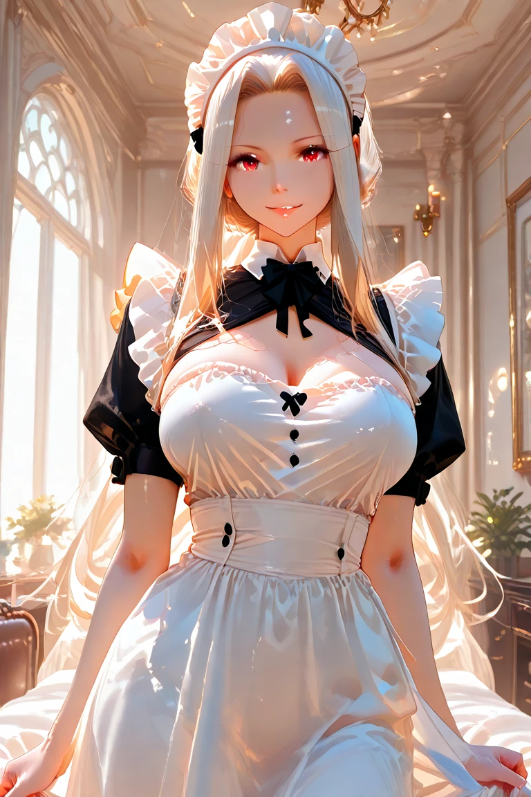 White hair, maid outfit, sexy and cute appearance, soft and cute body, white stockings, bare feet, strangle, whole body, loli kneeling, big breasts, cleavage
