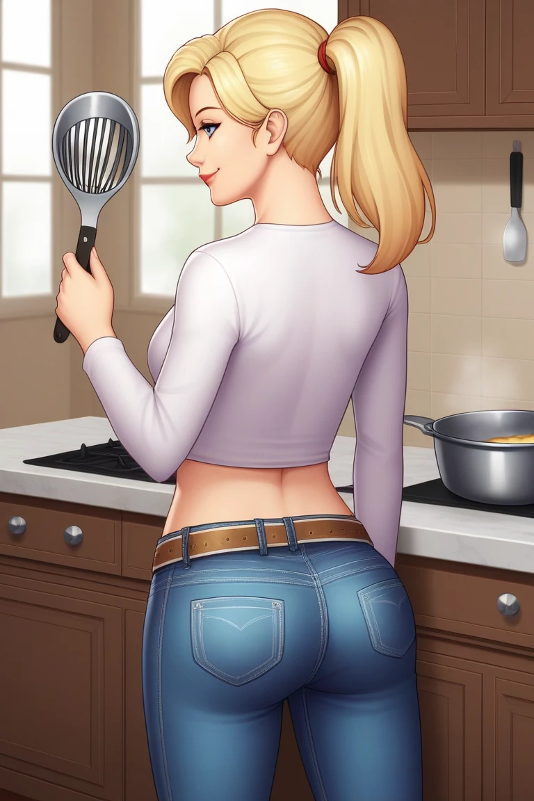 Buff blonde woman, in kitchen, in white tank-top, white cotton panties, gripping a kitchen table, startled expression, realistic 3D game model, intricate details