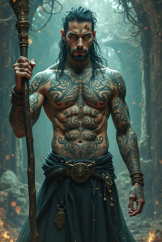 Black and white photo of a shirtless samurai with an incredible physique 