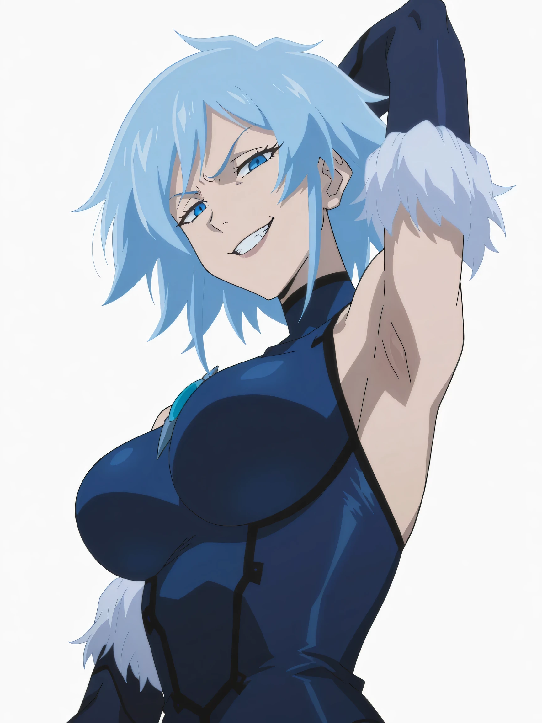 Wolfie, hells, 1girl, leather pants, leather bodysuit, gloves, earring, blue hair, furry character, yellow eyes, smile, Masterpiece, Best Quality, room,