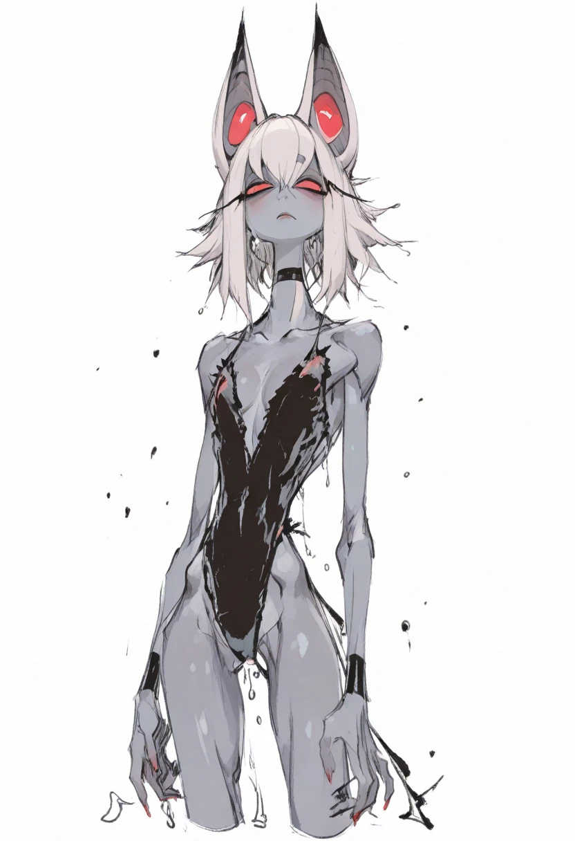 (highres, high quality:1.1), 1girl, oni horns, small breasts, covered navel, scowl. white hair, red eyes, scratches, blood, (chain:1.2), gogalking