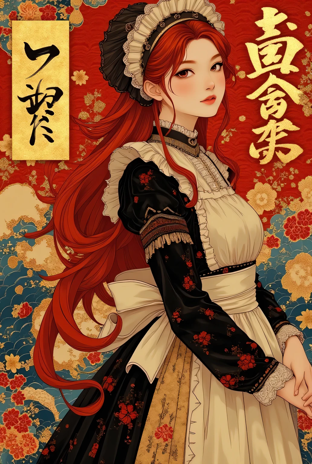 graphic art style, elegant full body shot of a classic Victorian maid with long flowing deep crimson hair and soft porcelain skin, wearing a refined black and crimson frilly maid dress with delicate gold-trimmed lace apron, gold embroidered bonnet, standing gracefully with hands gently folded, serene and timeless expression, vivid background featuring oversized glowing Japanese Kanji and Katakana characters in bold golden brushstroke calligraphy, traditional Japanese patterns in crimson and gold such as seigaiha (blue waves), kikkō (tortoise shell), and scattered sakura petals, accented with shimmering gold leaf textures, dramatic soft spotlight, surreal fusion of classic Western fashion and Japanese graphic art, ultra-detailed, masterpiece:1.5, best quality