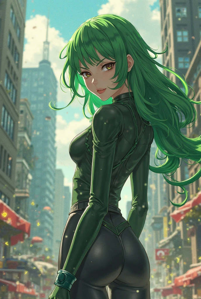 top quality, high resolution, perfect human structure, background focus, dutch angle, back alley, hand on hip, evening, moon, lonely, glowing hair, cat ears, green hair, futuristic clothes, near future, city, neon colors, multicolored hair, star-shaped pupils , wavy hair