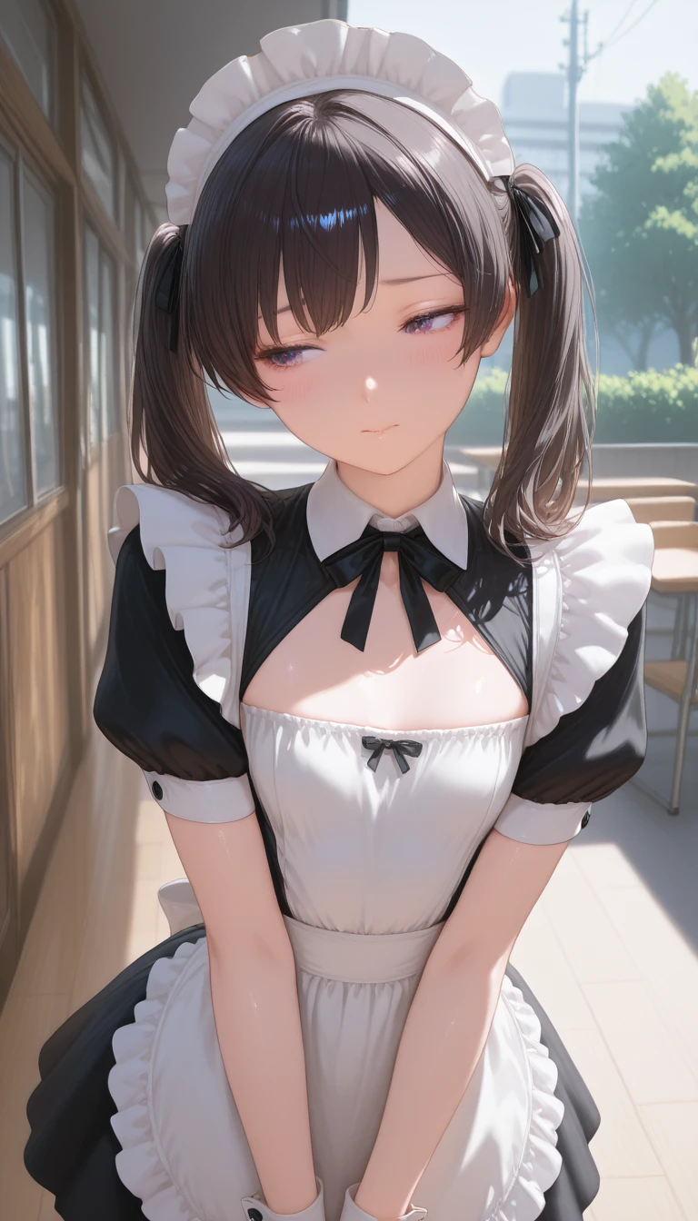 muste piece、masterpiece、highest quality、Super detailed、High resolution、8K portrait、High definition CG of Unity 8k wallpaper、cute type little:1.5、Lori:1.5、Highly detailed CG unity 8k wallpaper、Realistic、real person、 portrait photography、shiny skin、High definition、(16 years old:1.2)、(1 girl)、beautiful clear eyes、extremely detailed description、delicate face、nice lips、slender body、small breasts、thin waist、thin legs、(garden:1.6)、1 girl, cute type, perfect face, seriously, (blush:1.5),(brown hair bob hair:1.3),(small breasts:1.3),((Maid clothes:1.3)),(black dress),(half nude),(I have nipples:1.2),(looking at view),(from front),gran,((climax in vagina:1.5))