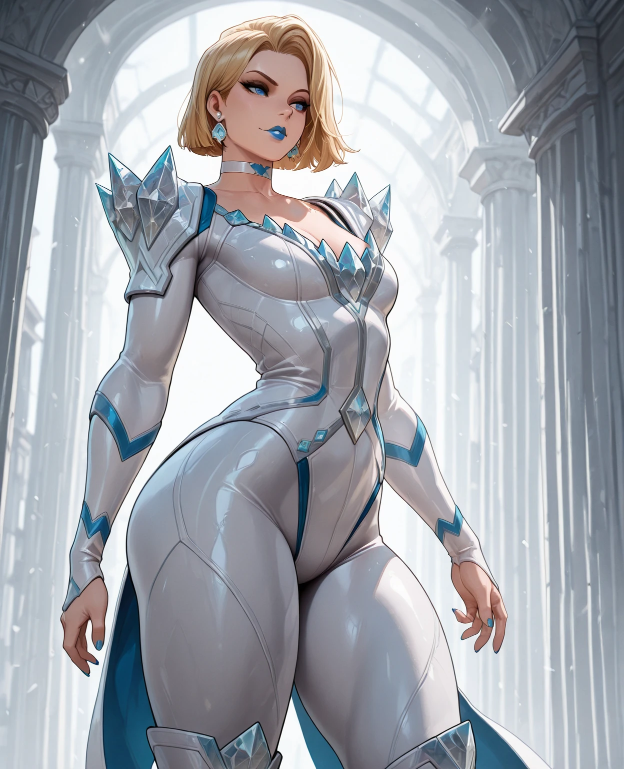 score_6_up, score_7_up, score_8_up, score_9, best_quality, highres, 1girl, solo, sb-ymir, android, joints, pale_skin, looking_at_viewer, seductive_smile, covered_nipples, running, palace, blurry_foreground, depth_of_field, foggy atmosphere