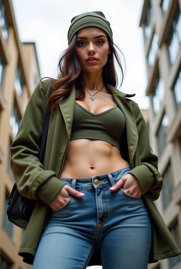 1 girl next door with black hair, Mix out of 50% Natalie Portman and 50% Kim Kardashian, 172cm height, 68kg weight, soft curly intense red hair, clear real green eyes, long dark black real lashes, perfectly shaped dark black real eyebrows, dark caramel tanned real skin, slim and well-defined body, curvy body, elegant thin real nose, small real ears, full real lips, white real teeth, small soft ladylike real hands, painted fingernails, wearing black hoody and long black pants