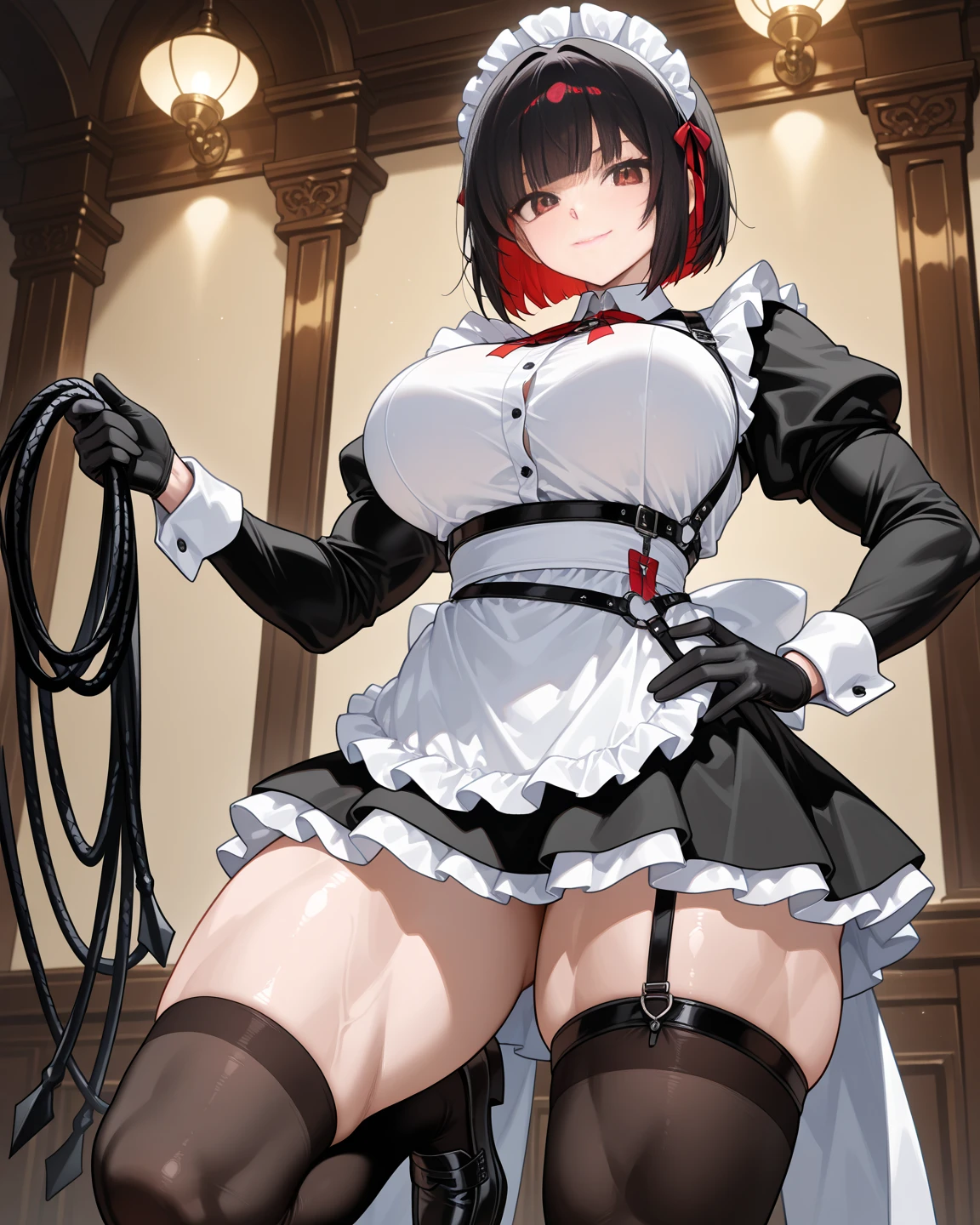 A woman is alone in the room, Wearing a red gothic dress, Wearing a corset, Wearing black latex short gloves, Dark atmosphere, Cute Japan girl face in the style of Minami Hamabe, Sanpaku's blue eyes, slender, The whole body is shown, A dark-haired, Short Bob, Wearing lace-up boots, pale complexion, Red Eyeliner, double tooth, Maiden, Best Quality