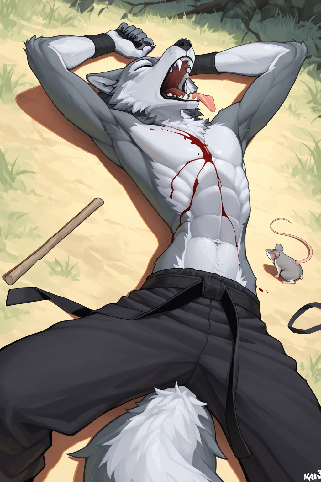 Draw a werewolf，16 years old，Lying on the ground，Legs straight，red liquid on face，Topless，Bare paws，Wear black trousers，There are wounds on the body，Fainted from pain，Being painfully knocked down in the ring，Stomach，Eyes closed，Knife in the chest，Open mouth naturally，Red liquid near mouth，Stick out your tongue，Legs and hands are bandaged，Keep your legs straight， There&#39;s red liquid all over the floor，masterpiece，Furry Art，Animal Art
