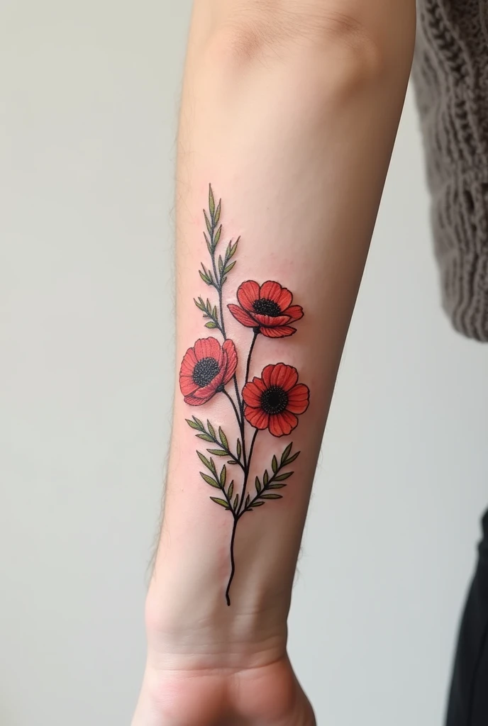 A delicate poppy with two flower spikes on the sides forearm tattoos 