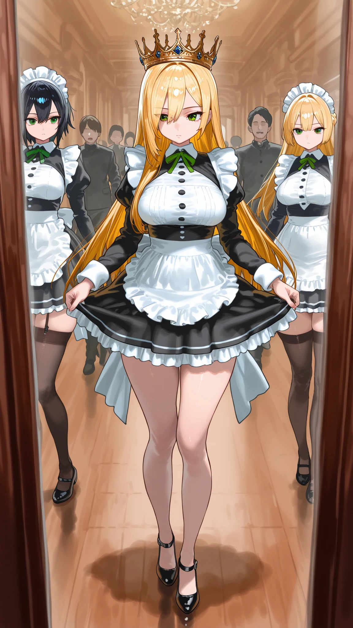 ((full body):1.5), {((Princess Zelda))}, {((wearing extremely tight-fitting black maid outfit, very short white embroidery skirt))}, {Princess Zelda has (((hair very short purple, green eyes))), ((has extremely gigantic breasts))}, she is looking at the viewer, {((disgusted expression))}, ((is doing erotic poses))}, {Shortcut background: (((she is in a hotel room with 3 men looking at her)))}