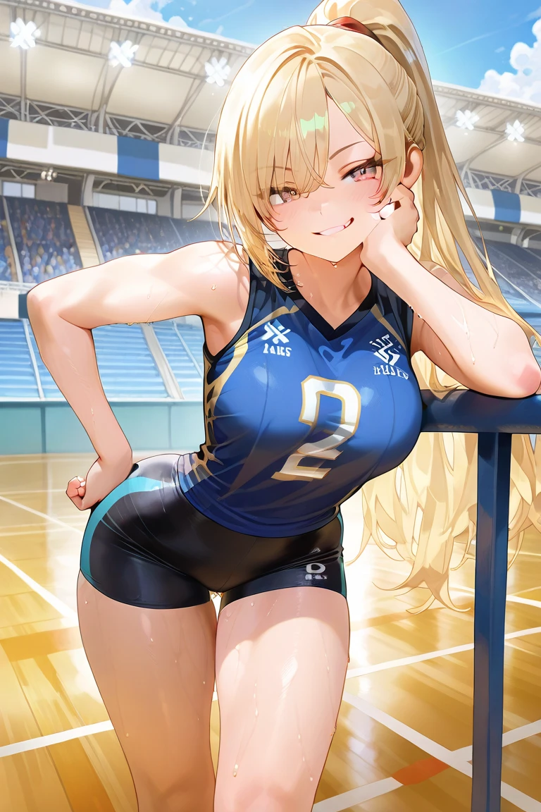 A woman, athletic body, perfect body, tabby body, blonde hair, blue eyes, ponytail style hair, sports uniform, playing volleyball, volleyball court