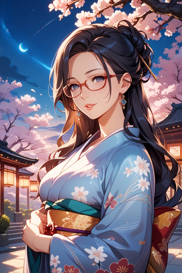 1 girl, full body stand, glasses, ideal breasts, unbuttoned yukata, loose hair, smile, put his face closer to you, face blush, night light, detailed anime face, beautiful eyes, detailed hand, long eyelashes, detailed lips, detailed skin, intricate details, elegant, beautiful lighting, cooled colors, cinematic, soft focus, masterpiece, 8k, ultra-detailed, (best quality, 4k, 8k, highres, masterpiece:1.2), ultra-detailed