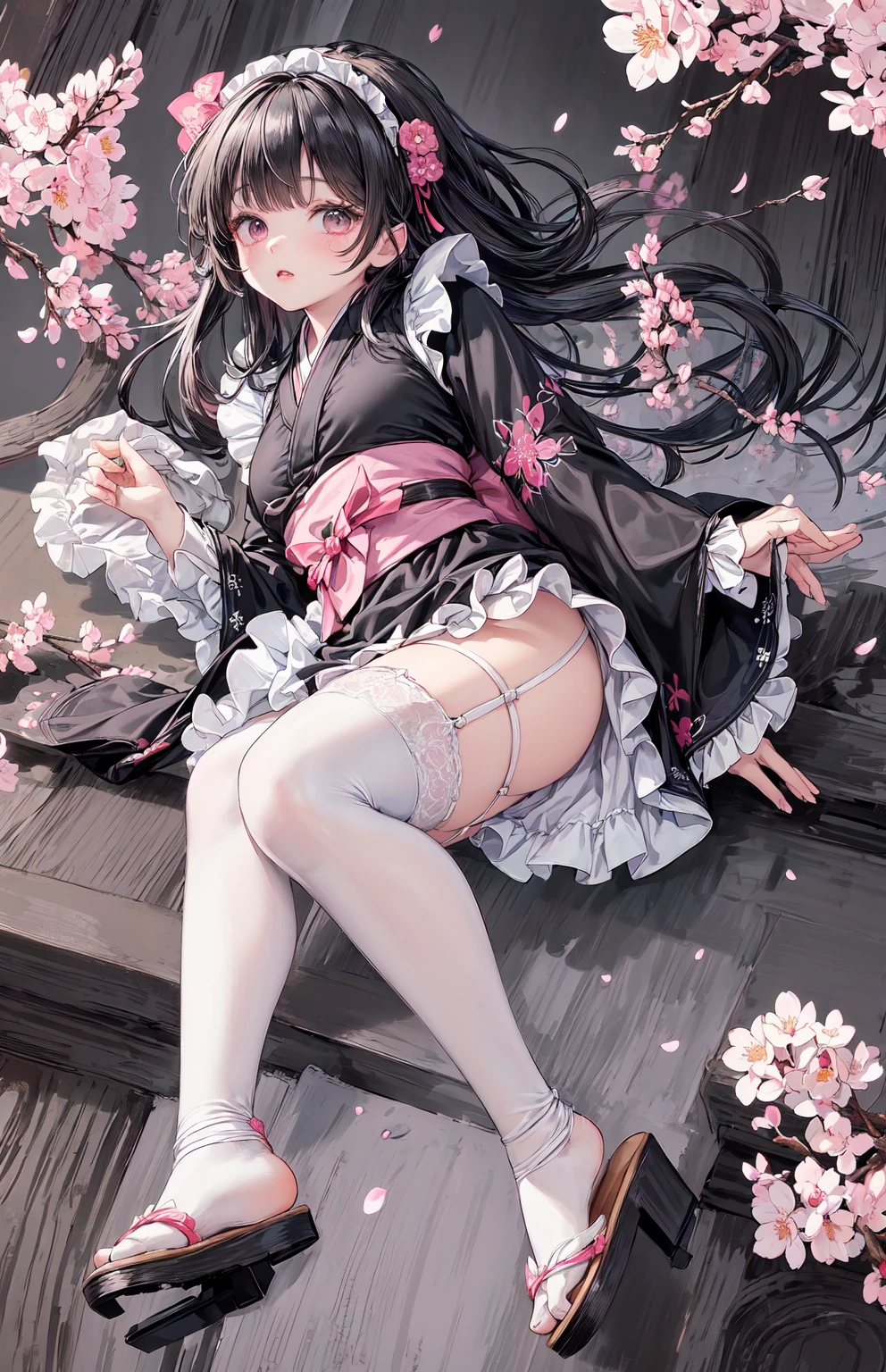 Floral shirt, frilled skirt, (black silk pantyhose), no panties, high heels, squat position, legs open, Hawaiian forest jungle