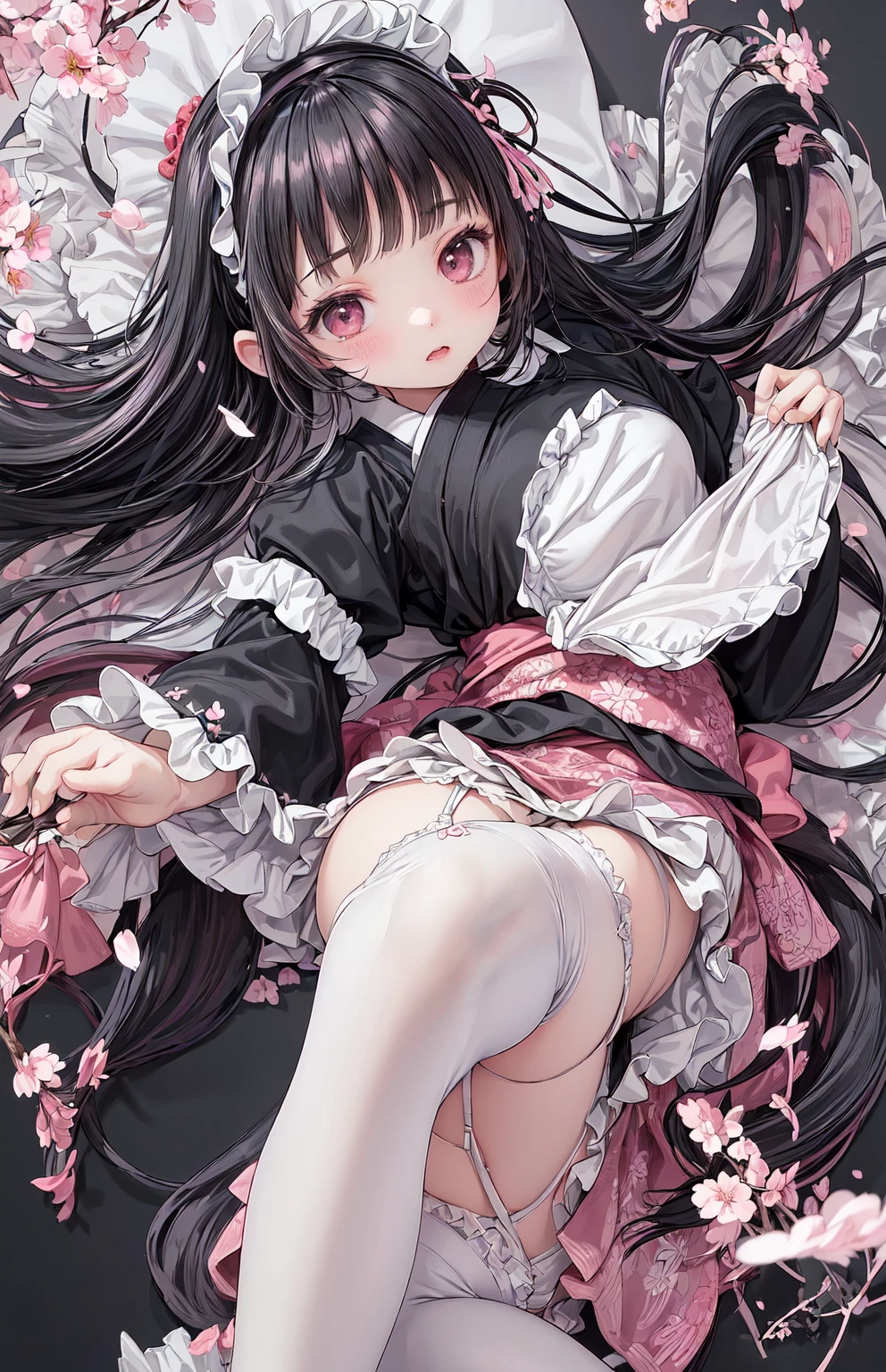 anime girl with long black hair sitting on a bed with her legs crossed, , anime moe artstyle, [ 4K 円 digital art ]!!, change, Ahegao, Top rated on pixiv,  garter belt, seductive anime girl, the anime girl is crouching, Naughty look, anime! 4K, anime! 4K 円,Spread your legs,Bow-legged,Arms behind head,steam
