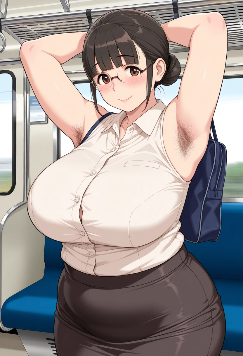 nsfw,long pencil skirt,undressing pattern blouse,mature modest female,adult curvy body,sweaty,trembling,female blushed and happy,opened pupils,(black hair),tied hair,saliva,standing at train,groped,from below