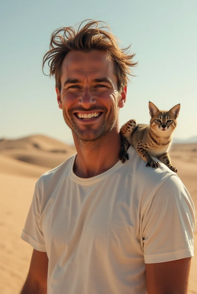 A 22 year old young man, athletic, with short hair and short beard, portant un chapeau et un chat sur l'épaule, On a sunny beach."
