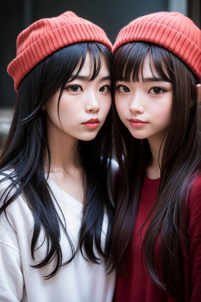 design a inside out (pixar movie) oc that is a korean girl with wavy long middle part red with bangs hair brown eyes nice apperence and with a long sleve dark blue t-shirt