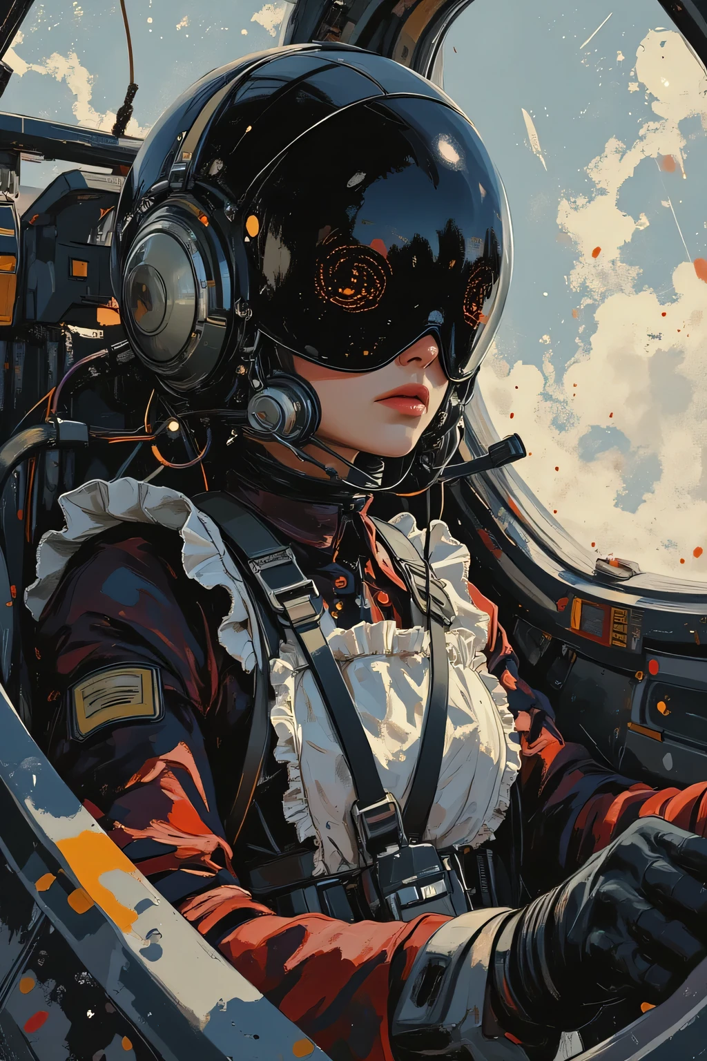 acrylic paint style, intense close-up of a classic Victorian maid wearing a sleek black full-face pilot helmet with the visor fully down, completely obscuring the eyes, sitting inside the cockpit of a futuristic fighter jet, hands gripping the controls with determined posture, silver and crimson frilled maid dress partially visible beneath flight harness and gear, delicate lace apron and flowing ribbons contrasting with mechanical surroundings, glowing HUD reflections shimmering across the visor, cinematic moody lighting casting dramatic shadows, bold expressive acrylic brushstrokes capturing tension, motion, and atmosphere, abstract blurred background with splashes of burning crimson, sacred gold, and midnight indigo, surreal fusion of elegance and military technology, ultra-detailed, masterpiece:1.5, best quality
