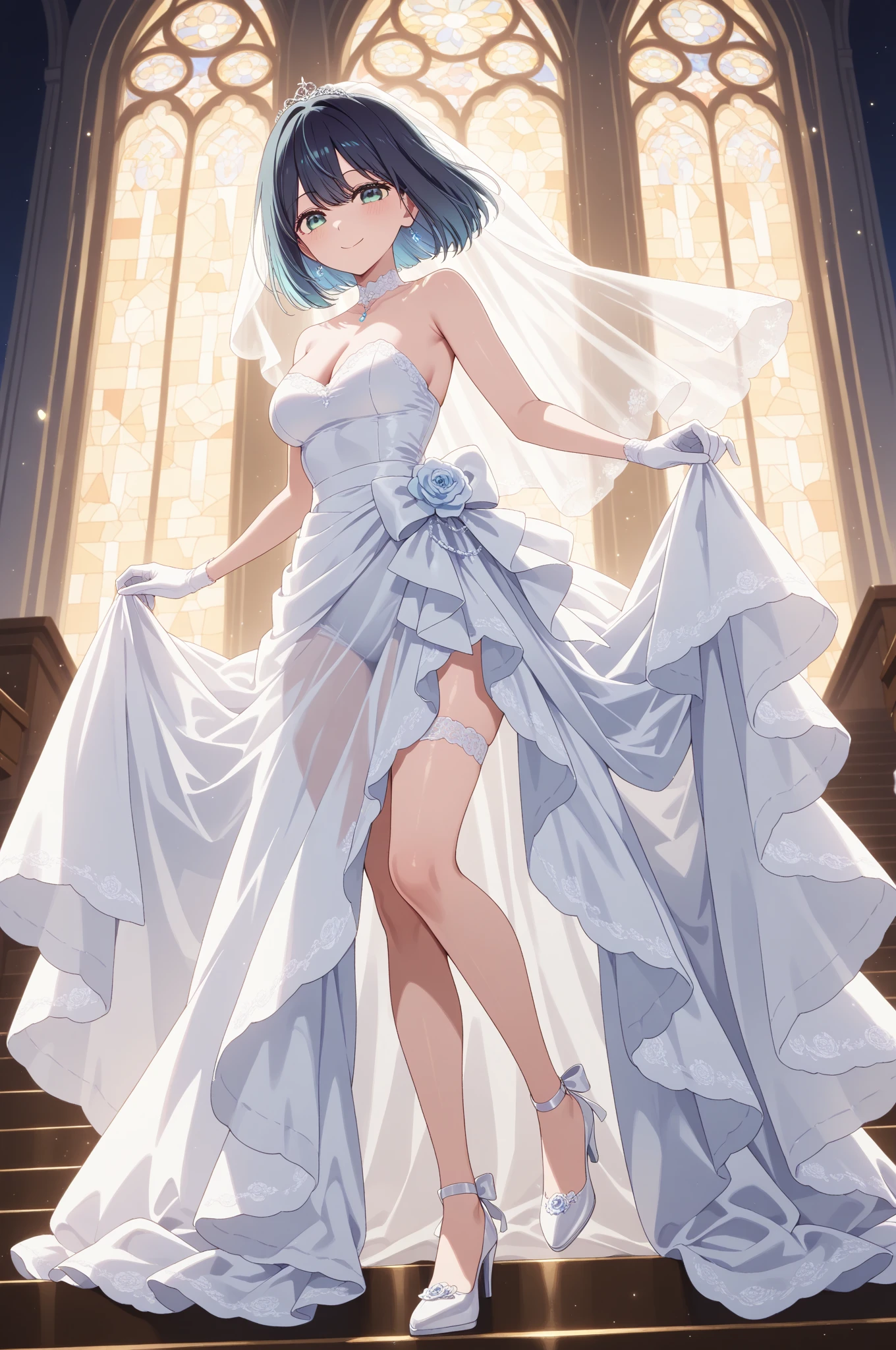 extra detailed face, Perfect Lighting, extremely details CG, 4K、8K、be shy、mournful smile、(Perfect hands, Perfect Anatomy)、Ultra-realistic photo of a girl in a beautiful white wedding dress, Big beautiful dress,all white wedding dress、Silk Veil、White dress with frills(Best Quality, masutepiece, art stations, Fantasy Art:1.2),chies,chapel、Beautiful stained glass、beautiful white bouquet、Beautiful cute girl, Rem of Rezero、Height 150cm、(Blue shorthair:1.3), Bangs hide one eye、Tears of joy、(intricate short white skirt, Bare legs:1.2, Full body shot)、very Bigger breasts、cleavage of the breast、Nipples show through、、No pubic hair(Clearly visible detailed female pubic shape: 1.4)、skirt rift、Thin leg、Skinny Legs、very very short skirt、low angles、Peeking out the skirt from below、Opera Globe