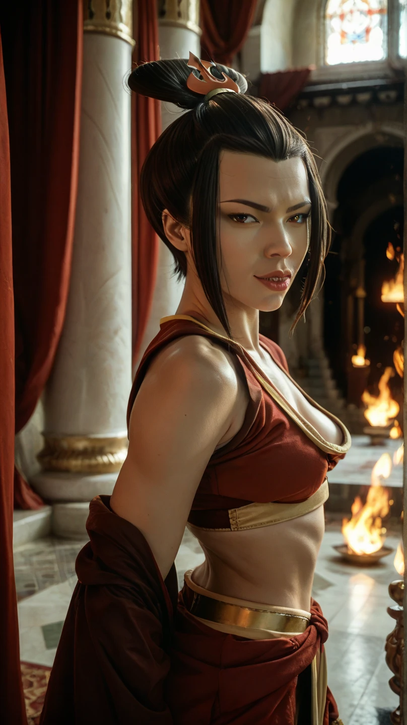 hyper sexual azula from avatar the last airbender wearing loose drapes, naked under drapes, side boob showing, beautiful, epic, cinematic, hyper detailed, gold fire nation hair pin top knot, fire nation aesthetic, toned belly, avatar the last airbender, [[AZULA]], red and gold drapes,  blue fire, in a dimly fire lit room, blue fire, partial nudity