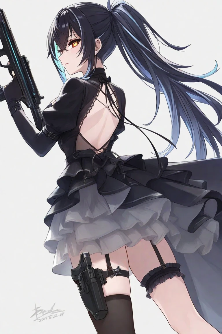 best quality, masterpiece, highres, solo, (saori_bluearchive:1.10), 1girl, alternate costume, bare shoulders, elbow gloves, holding gun, looking at viewer, ponytail, white dress, white gloves, from behind, looking back, thigh holster, simple background, thigh strap, white background, assault rifle, closed mouth, handgun, mask, side slit, 12 <lora:saori_bluearchive:0.80>
