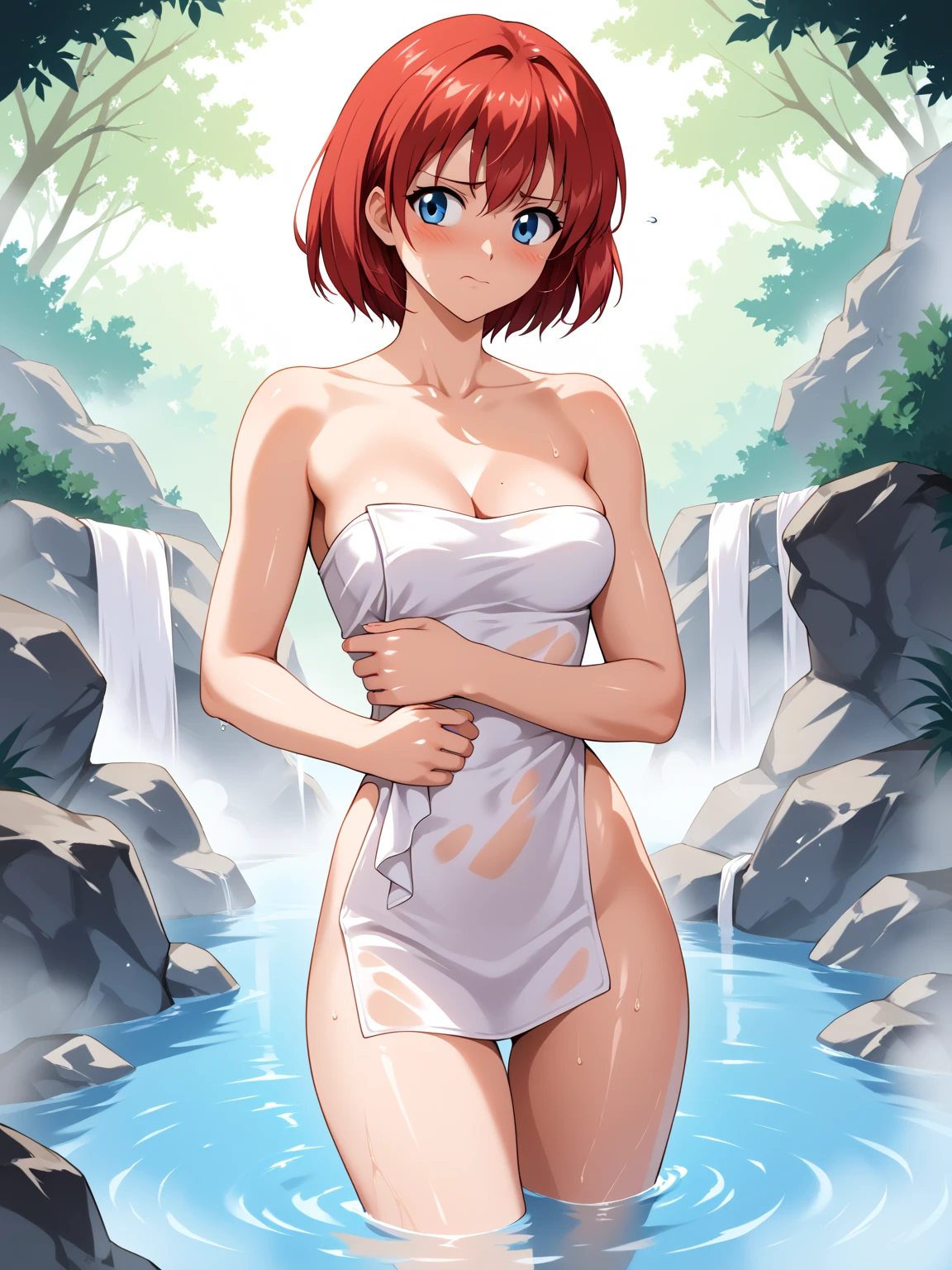 Anime girl, blue eyes, red short hair, muy voluptuosa, teen, big breast, shy smile, wallpaper, cute Drop-shoulder tank top, denim shorts, strap, breasts bounce, , sitting in a seductive pose, beautiful waterfall