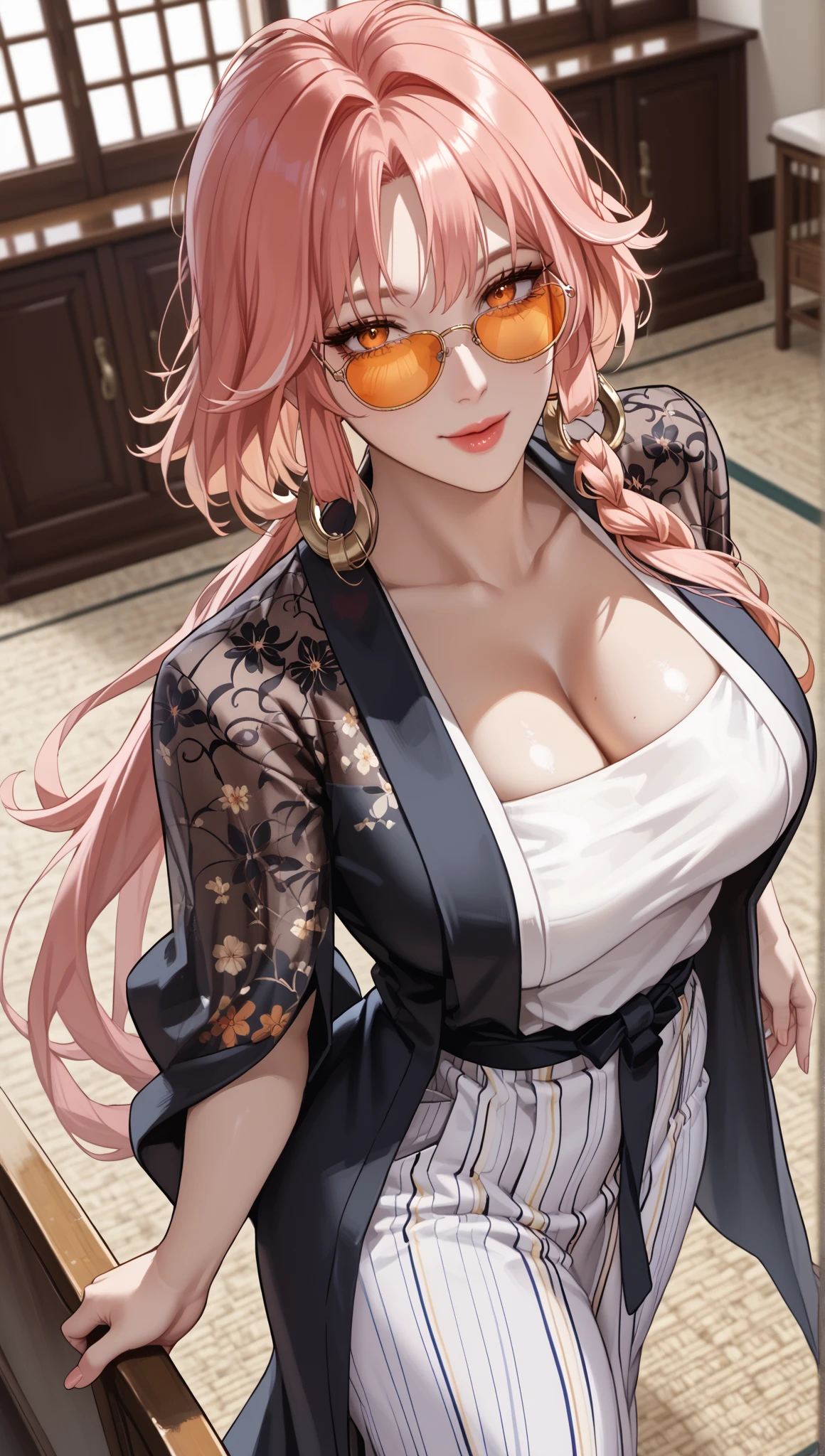 masterpiece:1.2, ((Guilty Gear: Strive game)), ((Baiken character)), 1women, (best quality), (real picture, intricate details, depth of field), make up, parted lips, highly-detailed, perfect face, (huge breasts:1.8), (skindentation), attractive waist, tall, glossy coral lips, moderate musculature, toned abdomen, beautiful navel, (extra long high pink ponytail :1.2), (white ribbon in hair) (beautiful bright pink color eyes), face ornament, sexy, (dressed in a kimono in red, white and black shades), (women's fundoshi), (white female fundosi), (blushing, drunk), sleepy expression, peaceful atmosphere, massive cleavage, disproportional , hanging breasts,
(the right eye is closed, eye patch on the right eye), (the left hand is missing, the left hand is hidden),