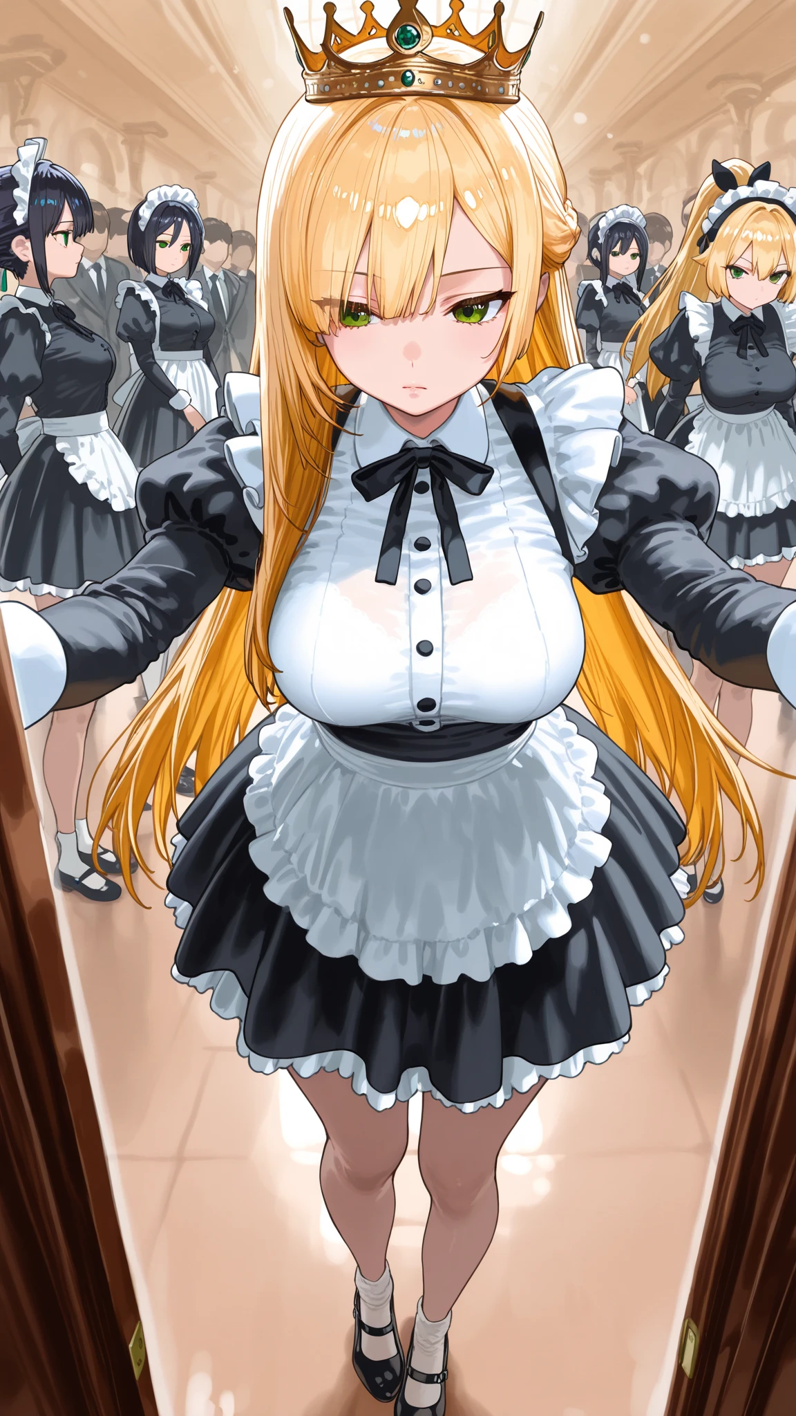 ((adult woman, with very long yellow hair, huge breasts, at the door of the room with her pussy wet with cum on the floor, in an apron, facing the specifier, completely naked))),(((with her daughter in your front of folding arms, with a face of anger))),