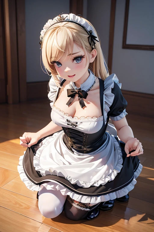 masterpiece,8K, (Highest quality),Best Shadow, (Maximum resolution), Backlight,(smile),Detailed face and skin texture, Delicate eyes, Blue-gray eyes,double eyelid,Natural Cheeks,White skin,(Glossy lips),(pretty girl),18-year-old,(Wavy long hair),(female orgasm), (Platinum Blonde Hair),Big Breasts,((Maid clothes)),Many books,lolita fashion,Leg spread,((stockings))