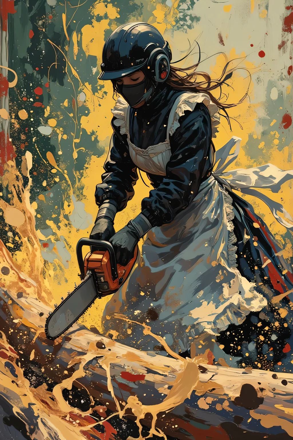 acrylic paint style, dynamic mid-shot of a classic Victorian maid wearing a sleek black full-face safety helmet with visor down, dressed in a flowing black and silver frilly maid dress with delicate lace apron, gripping a large industrial chainsaw mid-swing while cutting through a massive tree trunk, vivid motion blur and wild expressive acrylic brushstrokes capturing the explosive energy of woodchips and sawdust flying through the air, silver ribbons and frills whipping in the wind, intense cinematic lighting, dramatic low-angle composition emphasizing action and determination, abstract splashes of deep crimson, forest green, and golden sunlight in the blurred background, surreal fusion of elegance, hard labor, and bold painterly texture, ultra-detailed fabric and chainsaw rendering, masterpiece:1.5, best quality