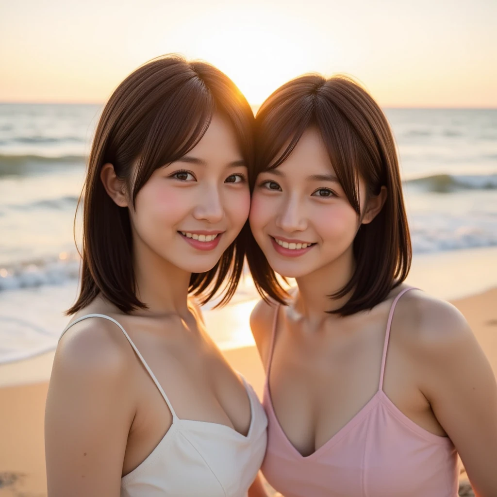 (2girl), enchanting smile, (extremely detailed beautiful face), (highly detailed eyes, highly detailed face), (mid bob hair), (bikini, cleavage), Fresh, very clean appearance, (best Quality:1.4), (hyper-realistic, hight resolution), Professional Photography, beach, palm trees, standing, Outdoors, (beach), beautiful bule sky, Close up portrait of girl, staring at me,