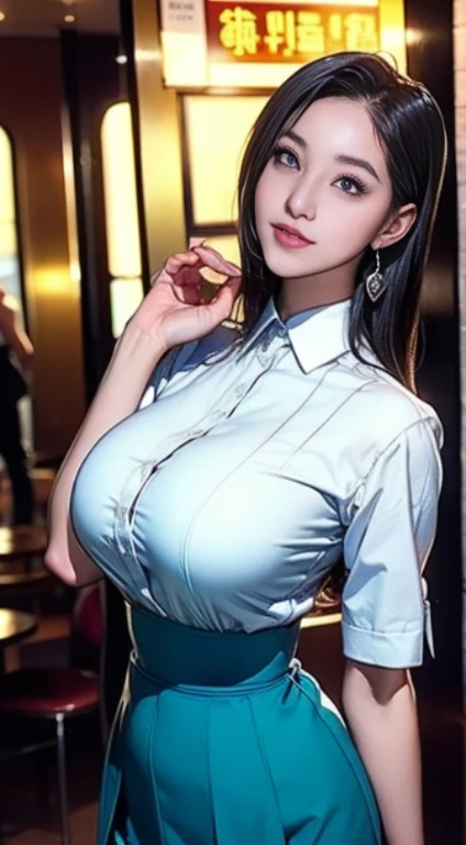 The 高いest quality, masterpiece, formal, Write like a horror movie、(key light:Front diagonal 45 degrees, fill light、Backlight、Shadow、blue and orange color palette), accurate human body、knowledgeable person、Correct five-finger、
(dripping sweat、oil skin,Sparkling skin、realistic skin texture、fine and beautiful skin、shiny skin、shiny skin)
(detailed pupil, perfect eyes:1.2), (Shiny clothes that reflect light and have many wrinkles:1.2), Sparkling, Sparkling gold, (hoop earrings), necklace, glamorous perfect female proportions, enchanting smile, fine surface texture, 高い school girl、bewitching woman、black hair、straight short hair、((big breasts)), big breasts cleavage、Game center at night、Inside a Japanese game center、、1 gal、high school girl、high school clothes、White shirt and black pleated skirt、(Black mask)