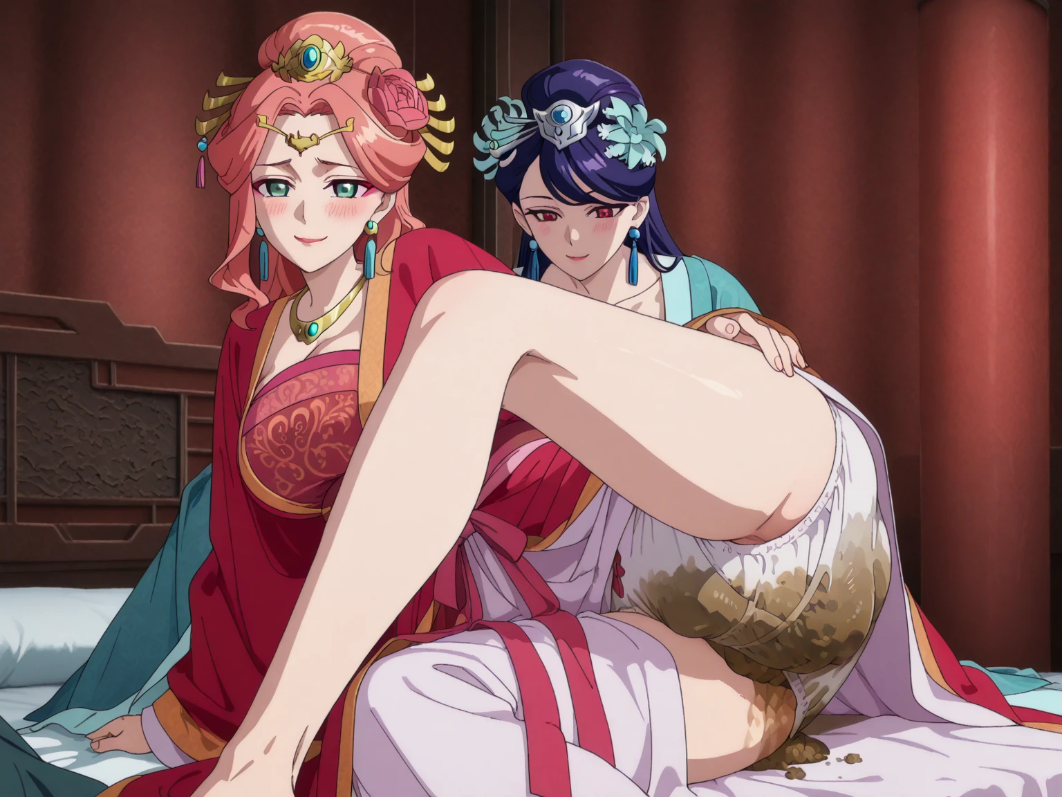 Top quality (8k, high resolution, masterpiece: 1.2), super detailed, anime art style, dynamic angle, teen style, (Chinese dress, exposed shoulders, earrings, indoor,), detailed green hair, detailed blue eyes, intricate hairstyle, long hair , slim body, sparkling eyes, youthful, hair accessories, earrings, half-updo, slightly dull bangs, detailed lighting, bright colors, looking at the viewer, 、Orgasm Face、closed eye、Blushing cheeks、Arched back、(vaginal pennis:1.2)、(male people:1.3)、heterosexuality、(lying back on:1.6)、(Open leg women:1.4)、(Intense sex:1.7)、(cum shots:1.2)、nsfw、