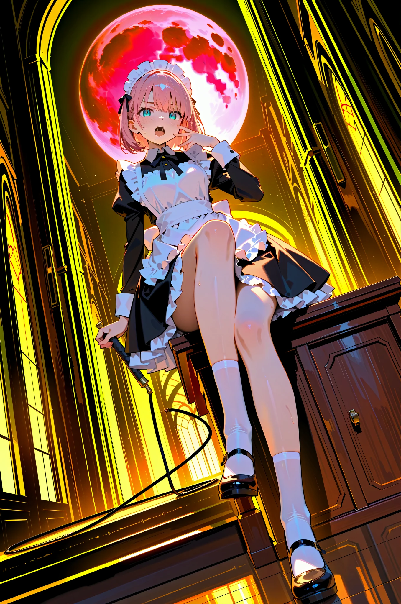 peeing herself, peeing, peeing self, very desperate to pee, violet evergarden, at a train station, full face blush, sad, crying, flustered, black stockings brown boots ruffled panties, peeing, peeing self, peeing, peeing self, pee puddle, puddle of her own urine is forming around her feet