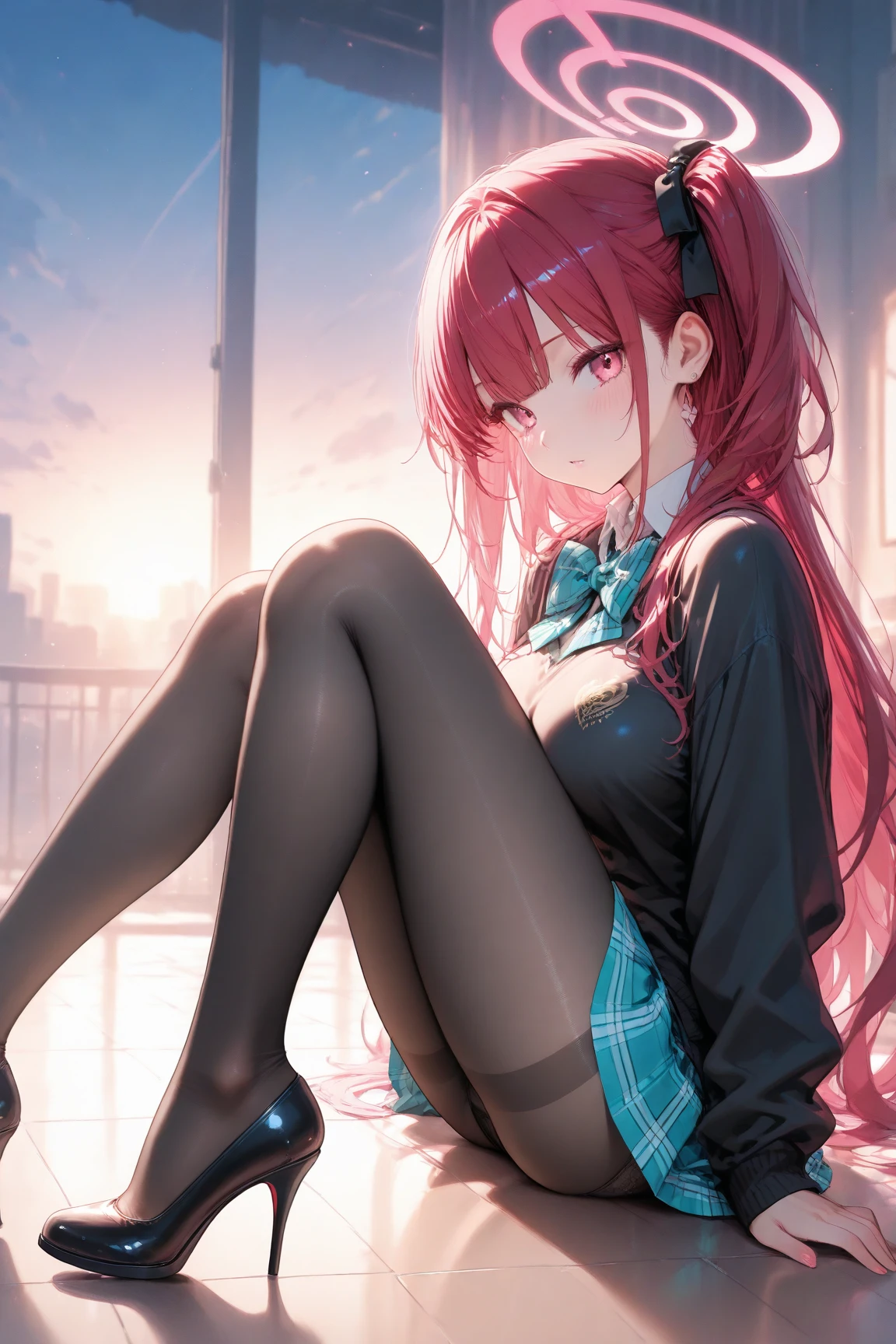 (8K, Highest quality, Highest quality, masterpiece), sit on the floor, aaitsuki, long hair, ahoge, star hair ornament, (fullbody), smile, school uniform, blazer, black jacket, open jacket, red sweater, long sleeves, (denim hot shorts), (mini shorts), big breasts, ((spread legs 1:2))