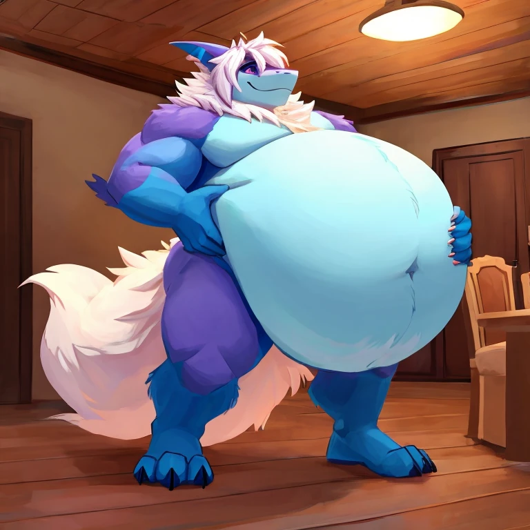 ultra high quality, hi res, beautiful shading, Blue’s Clues, eyes half open, staring at viewer seductively, reains, wearing only a green G-string thong, hands on hips, genitalia bulge, ((590 lbs.)), by ((ASaneMan)),((femboy)), wide hips, hyper thighs, hyper ass, hour glass body shape, full body, posing for viewer, massive pecs, massive muscles