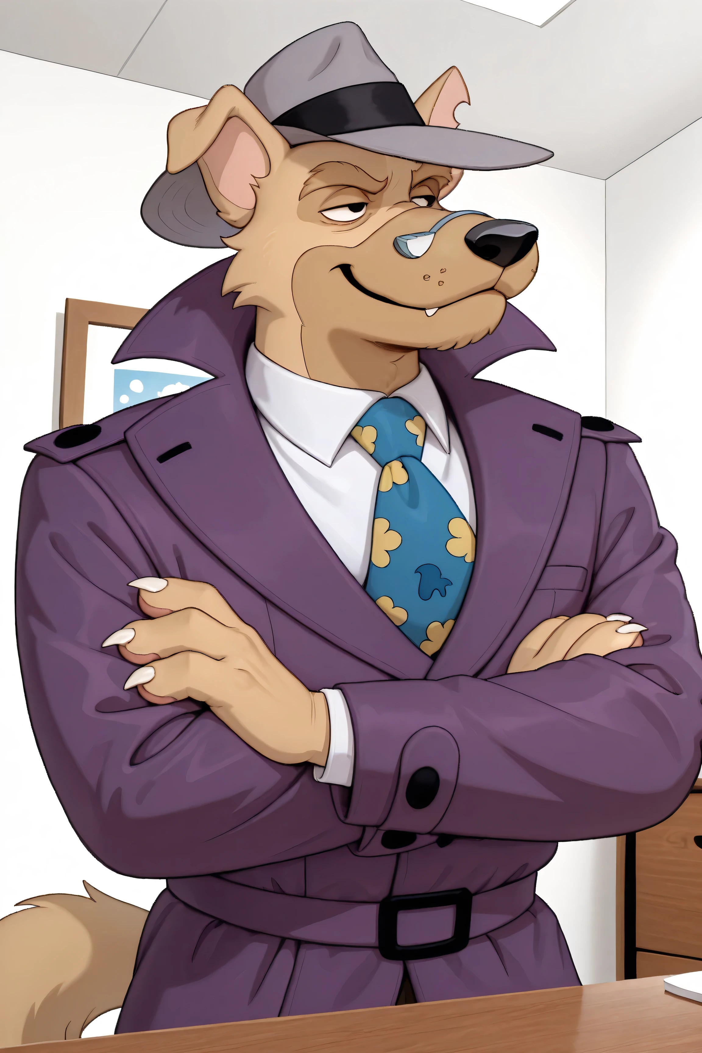 detailed background, cowboy shot, solo, 1boy, adult, mature, SamSpyaed, canine, solo, 1boy, ((expressive)), indoors, office scenery,white walls, brown desk, sitting at desk, legs up, feet on desk, slouching, arms crossed, smug, grey hat, white business shirt, purple coat, brown pants, blue tie with yellow flowers, big iris, pupils shown, detailed bedroom, black eyes, detailed scenery, masterpiece, best quality, very aesthetic, newest, masterpiece, best quality, amazing quality, very aesthetic, absurdres, newest,, high res, ultra detailed, best quality, best artwork, detailed eyes, (eyes focus), perfect eyes, big iris, pupils visible, anthro hands, claws, 4k, ultra quality, perfect face, absurdres,masterpiece,best quality,amazing