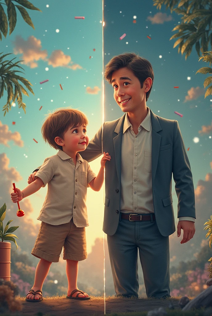 Strong father holding lovely child,The child spreads his hands,Very high light,sparkling big eyes,Blue sky,Halo,ssee-through,Bright background,Flat illustration father, --v6