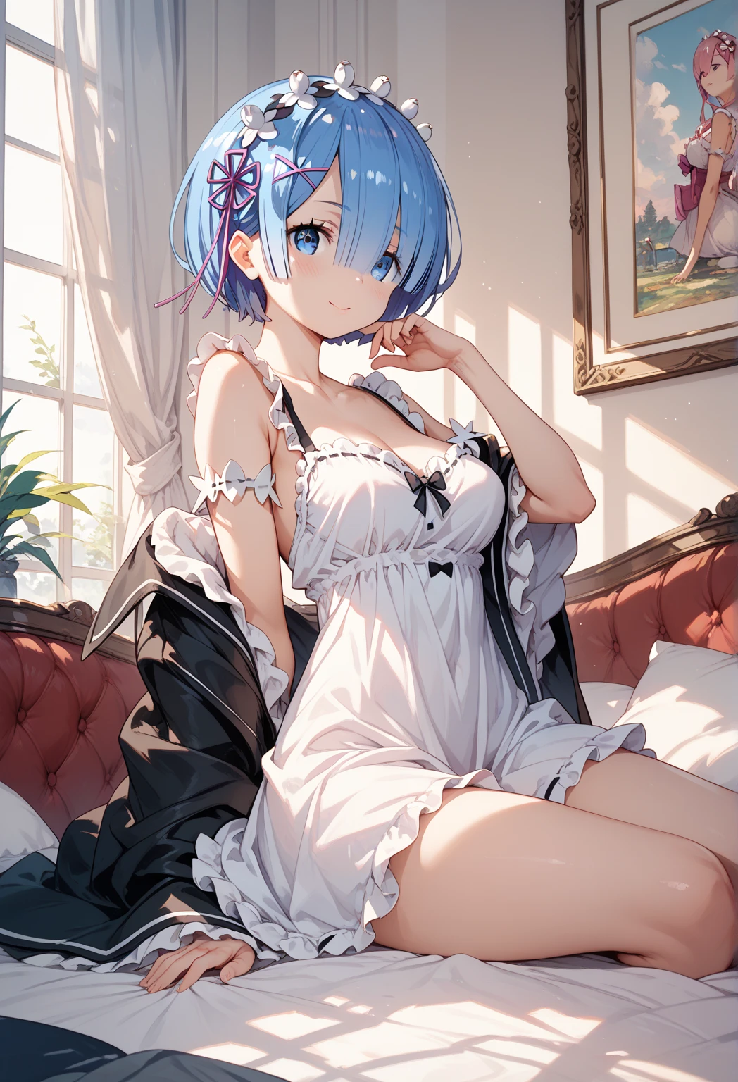 (((Pixel Perfect, Perfect detail))),girl,Re:Zero Rem,Rem's hairstyle,Rem-style hair accessory,whole body,Medium chest, Bangs that hide the right eye,(((1girl, double handjob, 2boys, penis,))) (((excessive cum)))