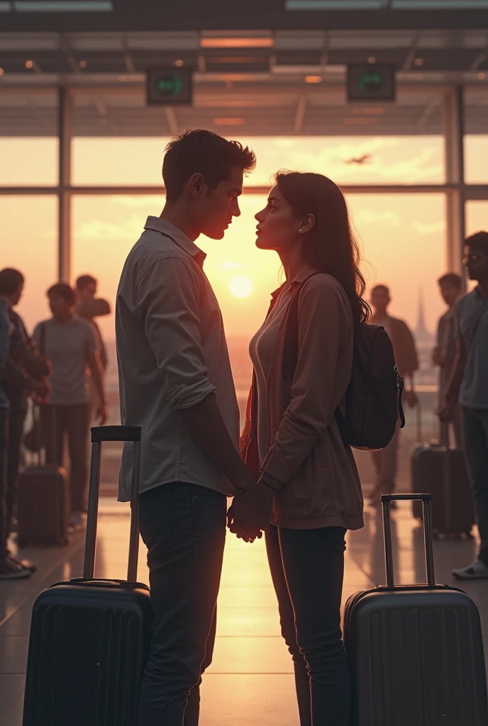 a young Latino couple saying goodbye at a crowded train station