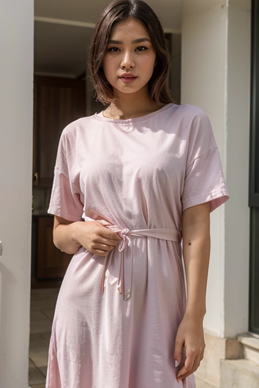  15 in short pink shirt dress aside looking at something white background 